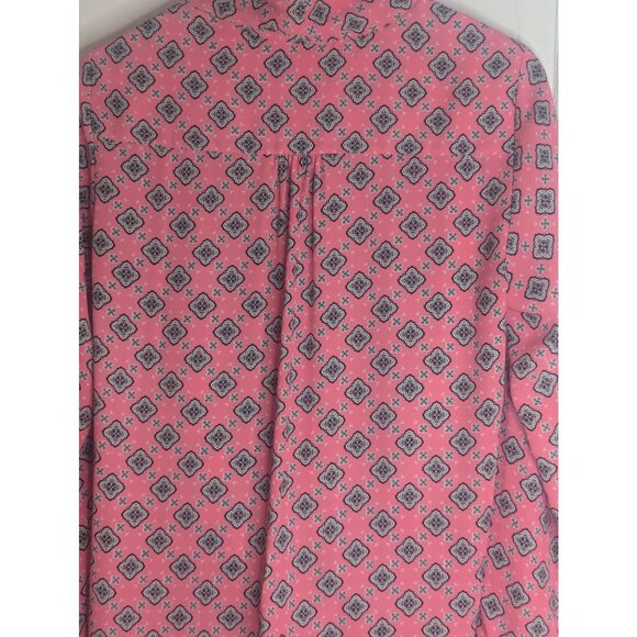 Pleione Pink & Black Geometric Print Sz M Wrap Style Blouse -Roll-tab Sleeves - Picture 7 of 10